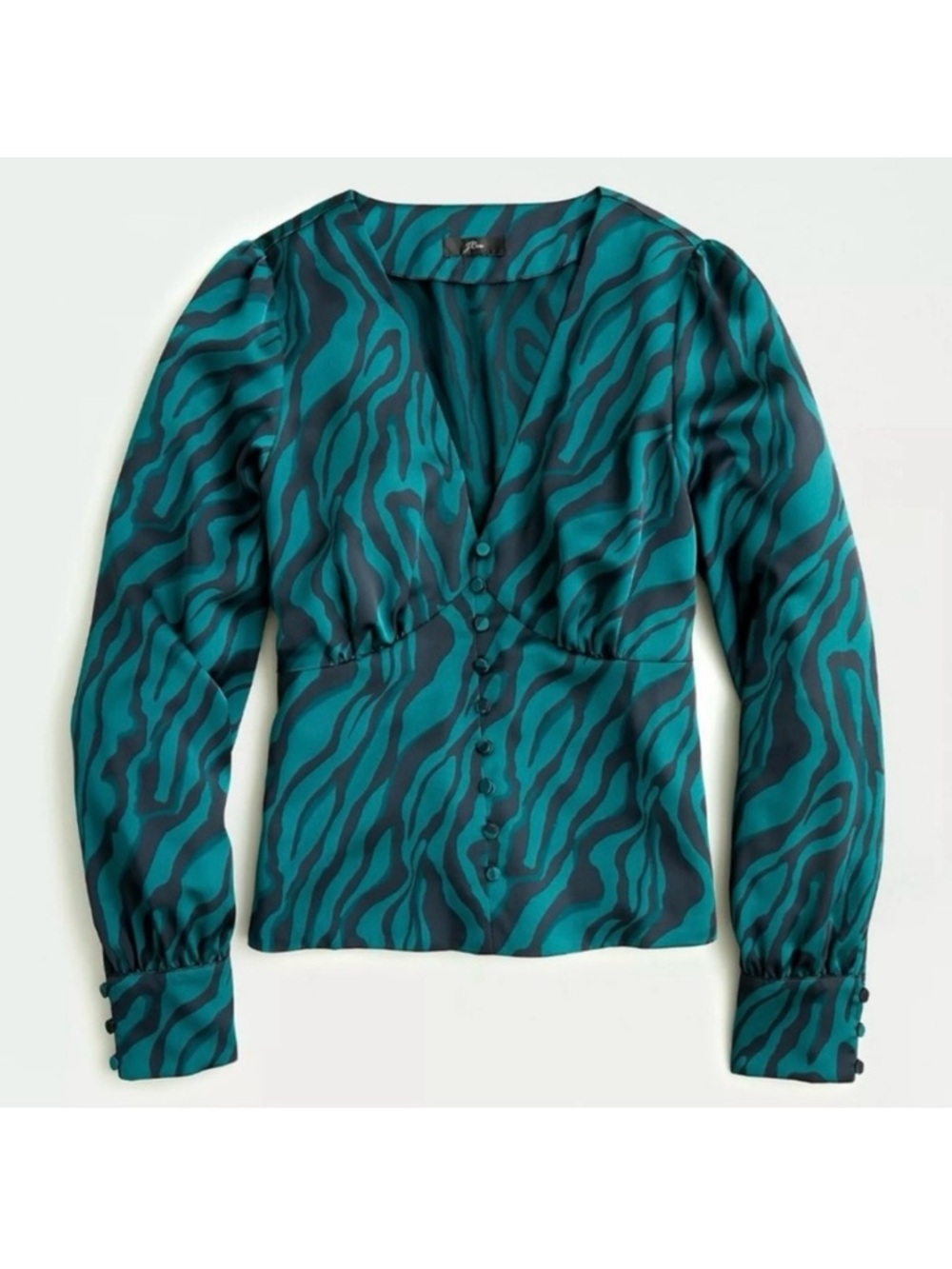J. Crew Zebra Print Silky Blouse Long Sleeve V-Neck Black Dark Green Size 8